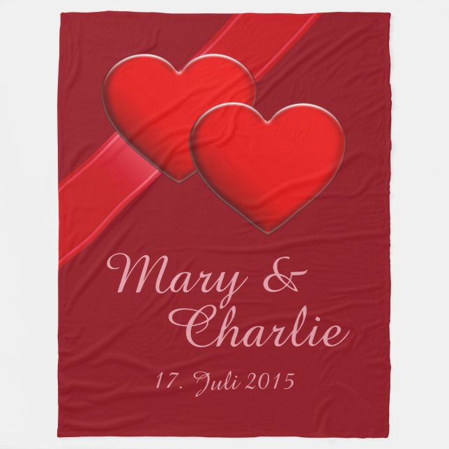 Two Red Hearts + Your Name and Date Fleece Blanket (Front)