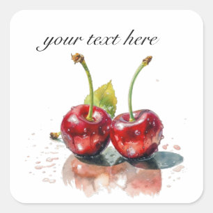 two red juicy cherries, customisable square sticker