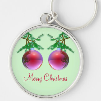 Two Red Merry Christmas Balls Key Ring