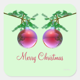 Two Red Merry Christmas Balls Square Sticker