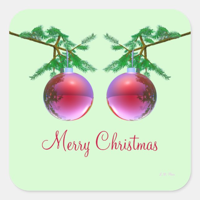 Two Red Merry Christmas Balls Square Sticker (Front)