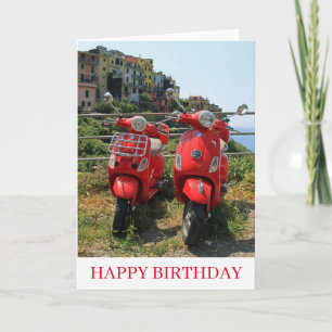 Two red mopeds birthday card