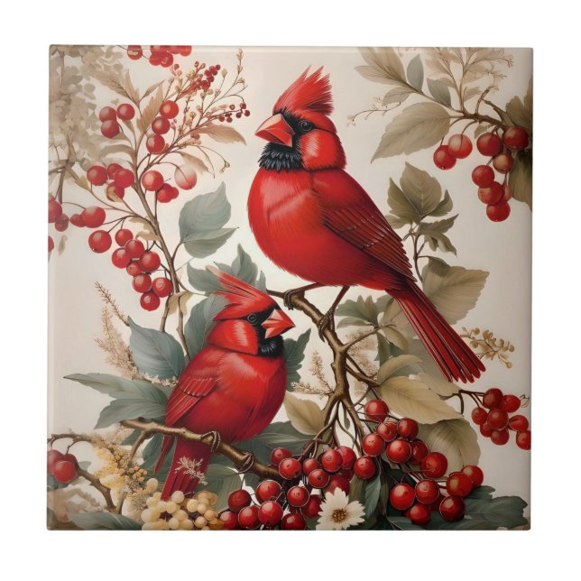 Two Red Northern Cardinal Birds And Berries Ceramic Tile (Front)