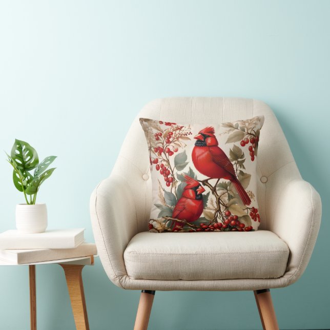 Two Red Northern Cardinal Birds And Berries Cushion (Chair)
