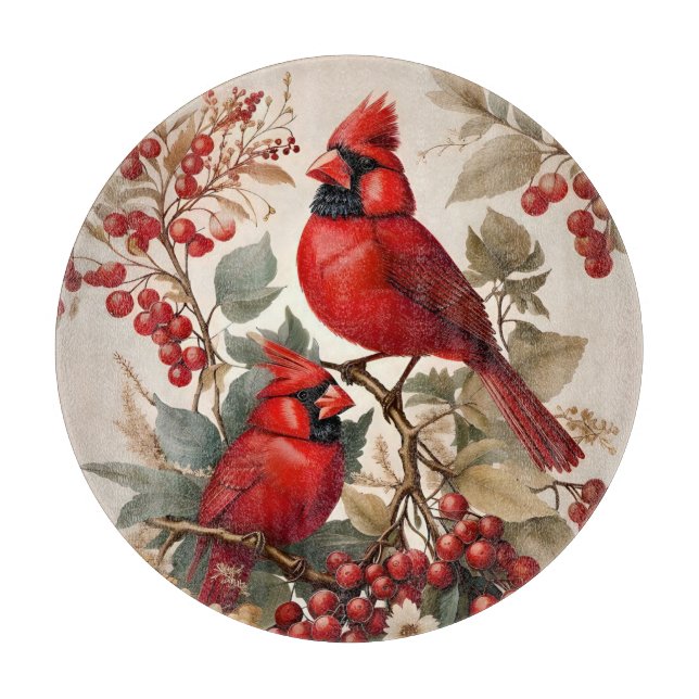 Two Red Northern Cardinal Birds And Berries Cutting Board (Front)