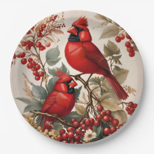 Two Red Northern Cardinal Birds And Berries Paper Plate