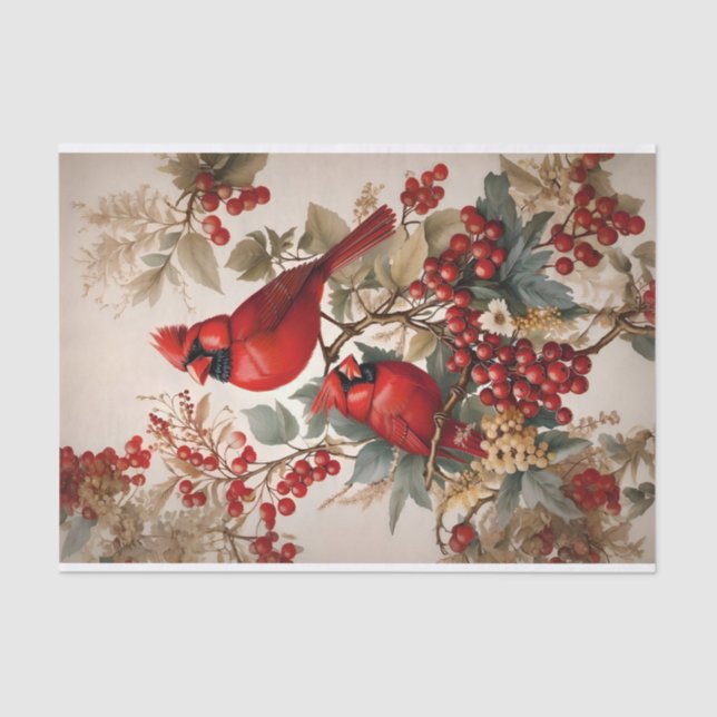 Two Red Northern Cardinal Birds And Berries Tissue Paper (Front)