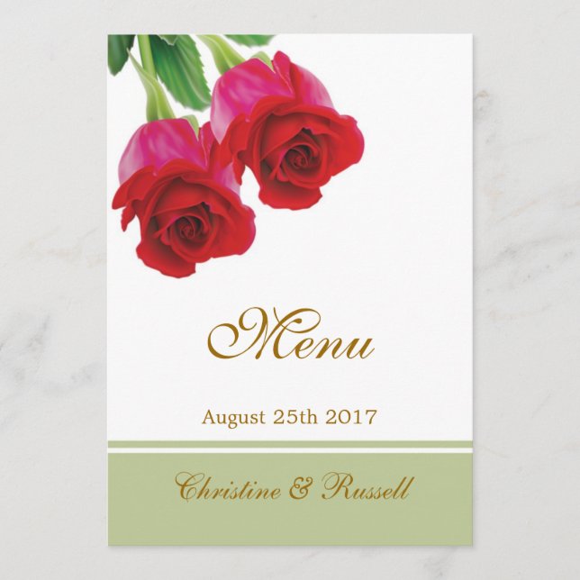 Two red roses Wedding Menu Invitation (Front)