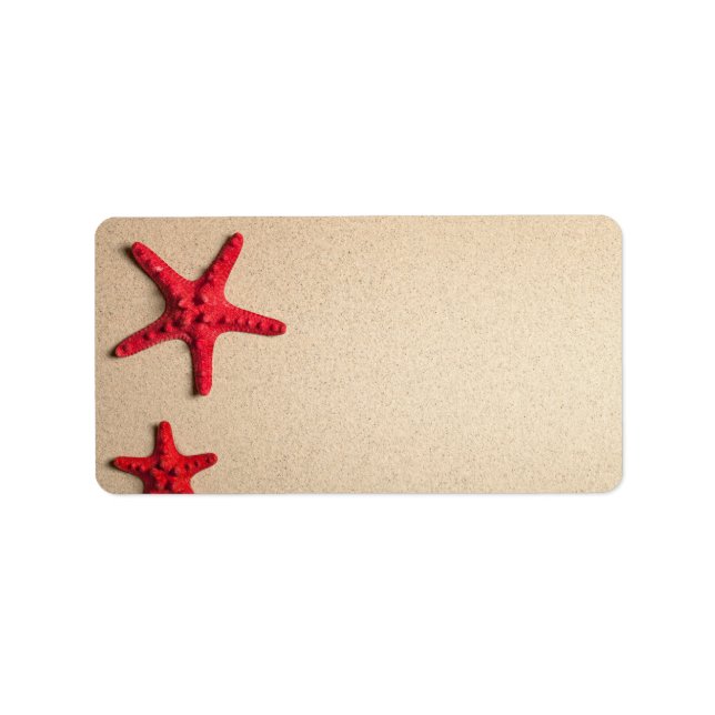 Two Red Starfish On Beach Background Label (Front)