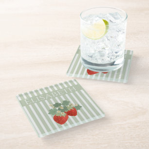 Two Red Strawberries Stripes & Flowers Fruit Glass Coaster