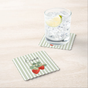Two Red Strawberries Stripes & Flowers Fruit Paper Coaster