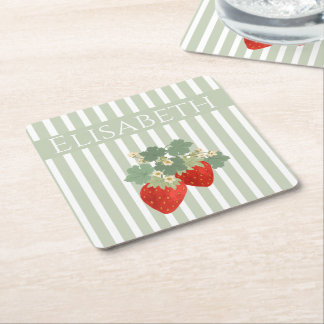 Two Red Strawberries Stripes & Flowers | Fruit Square Paper Coaster