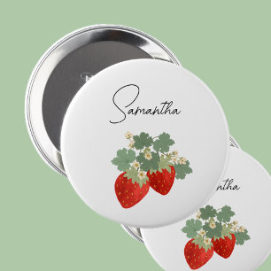 Two Red Strawberries with Leaves & Flowers Fruit 10 Cm Round Badge