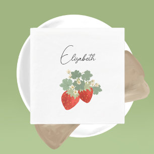 Two Red Strawberries with Leaves & Flowers Fruit Napkin