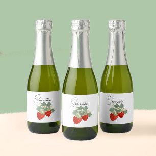 Two Red Strawberries with Leaves & Flowers Fruit Sparkling Wine Label