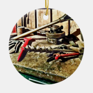 Two Red Wrenches on Plumber's Workbench Ceramic Ornament