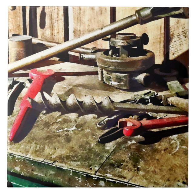 Two Red Wrenches on Plumber's Workbench Tile (Front)