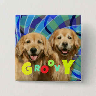Two Retro Golden Retriever Dogs Psychedelic Groovy 15 Cm Square Badge