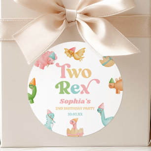 Two Rex Dinosaur 2nd Second Birthday Party Classic Round Sticker