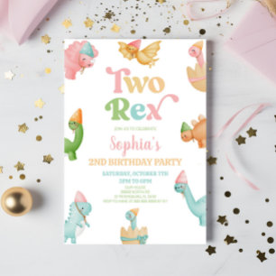 Two Rex Dinosaur 2nd Second Birthday Party Invitation