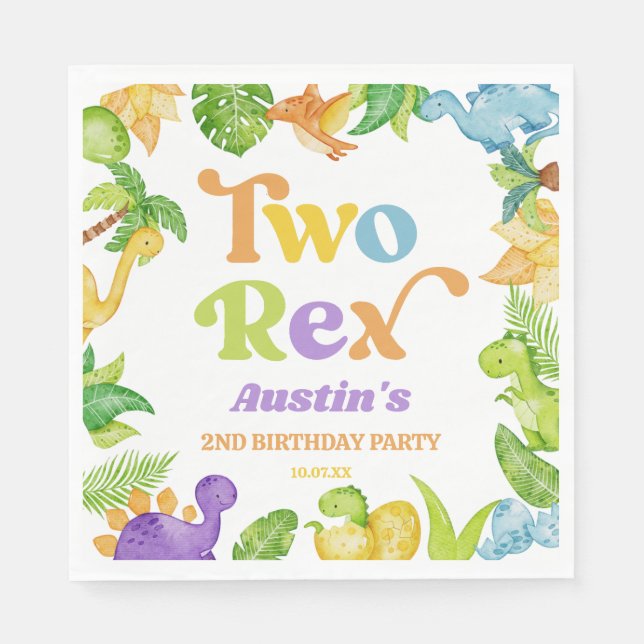 Two Rex Dinosaur 2nd Second Birthday Party Napkin (Front)