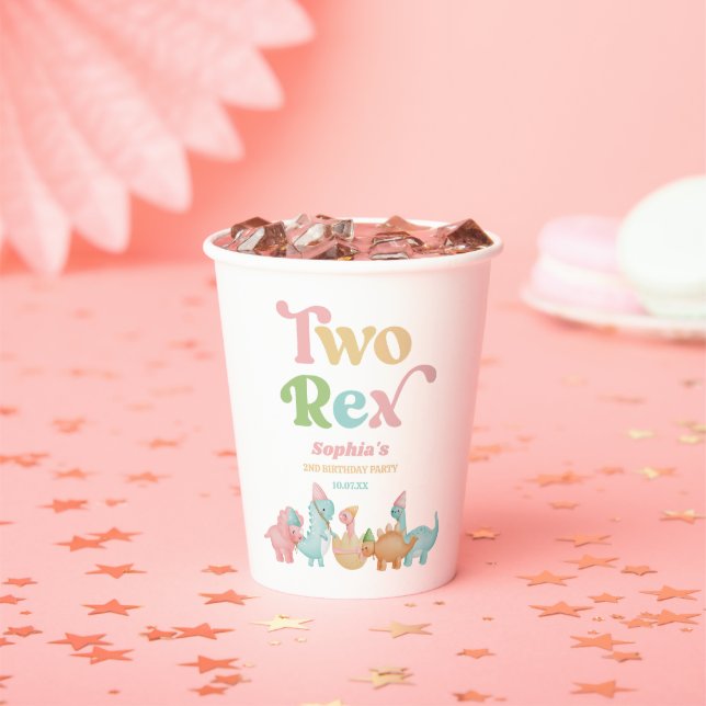 Two Rex Dinosaur 2nd Second Birthday Party Paper Cups (Insitu)