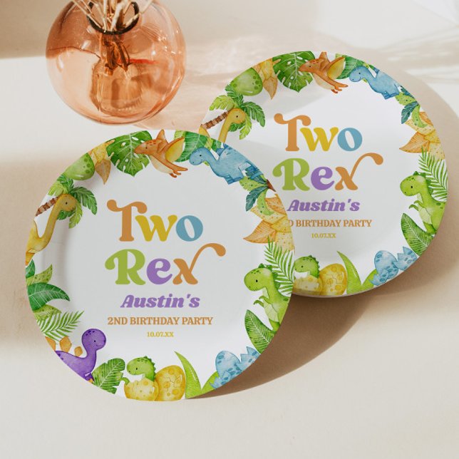 Two Rex Dinosaur 2nd Second Birthday Party Paper Plate (Creator Uploaded)