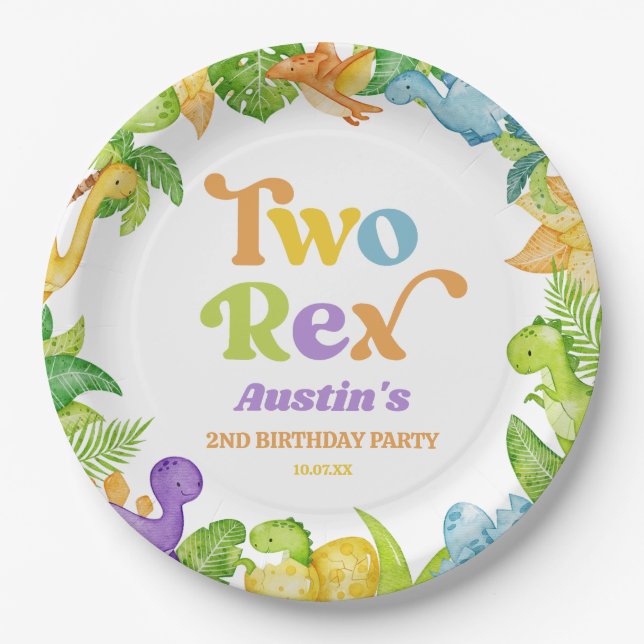 Two Rex Dinosaur 2nd Second Birthday Party Paper Plate (Front)