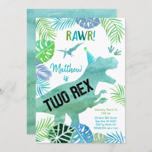 Two Rex Dinosaur Greenery Birthday Invitation