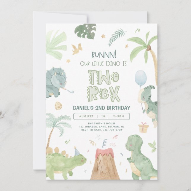 Two Rex Our Little Dino Second Birthday Invitation (Front)