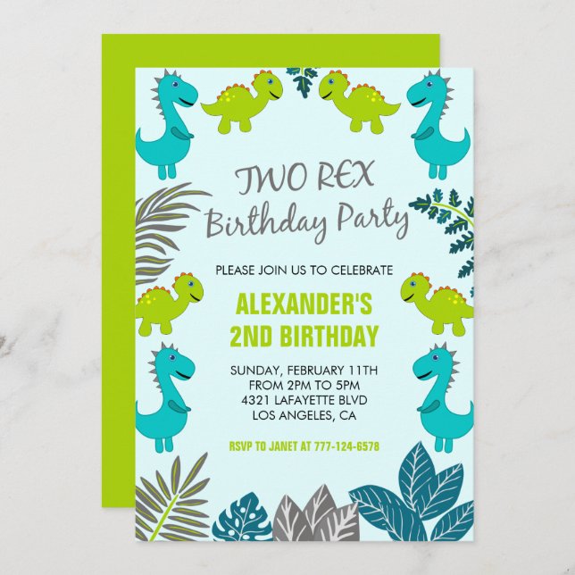 Two rex party boy 2nd dinosaur birthday invitation (Front/Back)