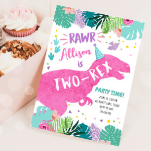 Two-Rex Pink Dinosaur Girl 2nd Second Birthday Invitation