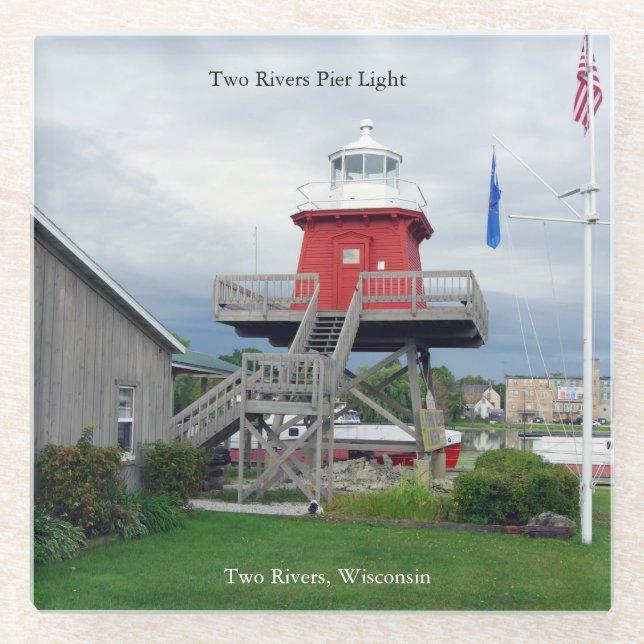 Two Rivers Pier Light glass coaster (Front)