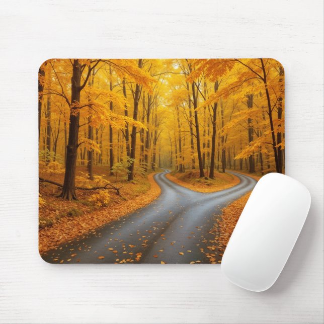 Two Roads In an Autumn Woods Mouse Pad (With Mouse)