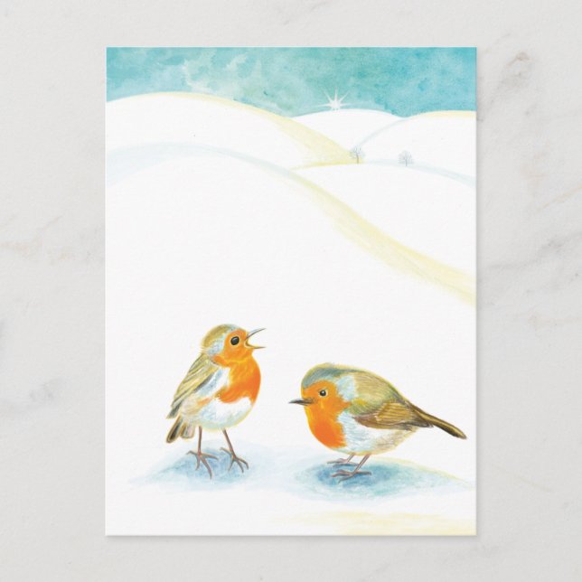 Two Robin Redbreasts in Winter Holiday Postcard (Front)