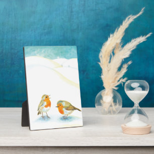 Two Robin redbreasts in Winter Plaque