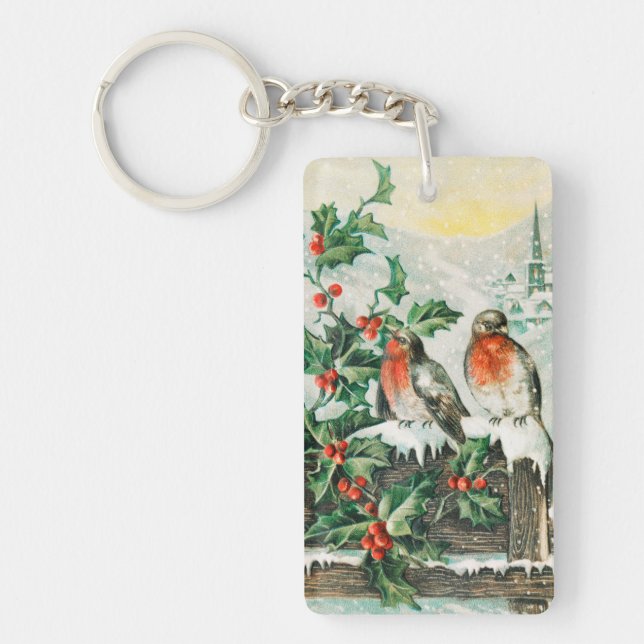 Two robins on a fence in the snow key ring (Front)