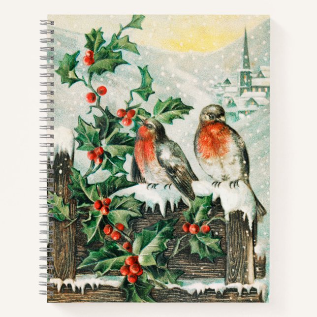Two robins on a fence in the snow notebook (Front)