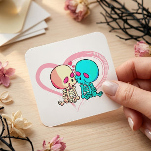 Two romantic skeletons kiss with pink heart square sticker