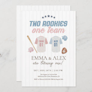 Two Rookies One Team Baseball Sibling Birthday Invitation