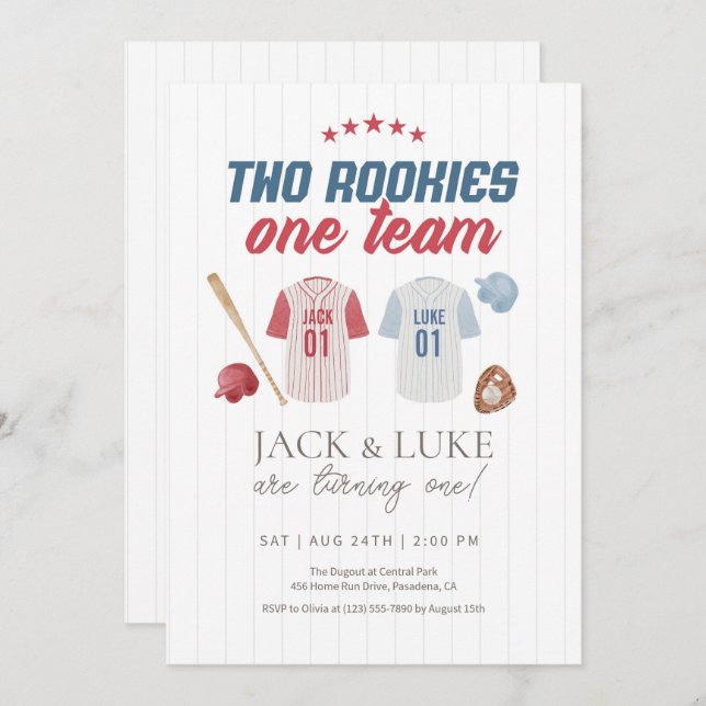 Two Rookies One Team Baseball Twin Brother  Invitation (Front/Back)