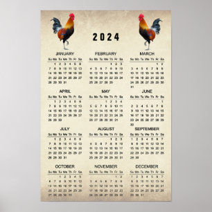 Two Roosters 2024 Calendar Poster