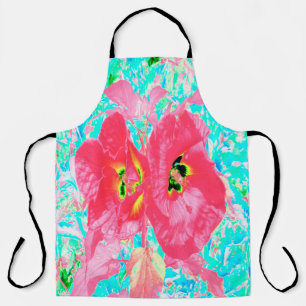 Two Rosy Red Coral Plum Crazy Hibiscus on Aqua Apron