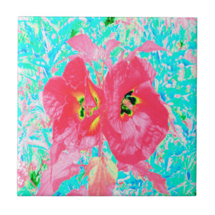 Two Rosy Red Coral Plum Crazy Hibiscus on Aqua Ceramic Tile