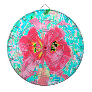 Two Rosy Red Coral Plum Crazy Hibiscus on Aqua Dartboard