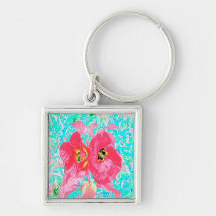 Two Rosy Red Coral Plum Crazy Hibiscus on Aqua Key Ring