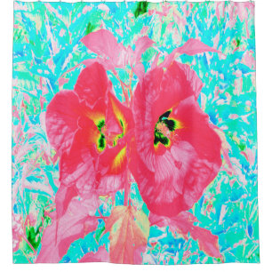 Two Rosy Red Coral Plum Crazy Hibiscus on Aqua Shower Curtain