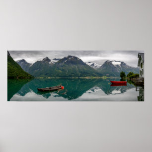 Two rowboats with reflection in a lake poster