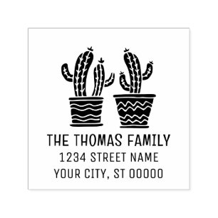 Two Rustic Cactus Plants in Pots Name Address Self-inking Stamp