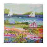 Two Sailboats and Cottage Ceramic Tile<br><div class="desc">Two Sailboats and Cottage I by Karen Fields. Bright,  fun scene with flowers,  trees,  a cottage,  and sailboats out on the water.</div>